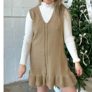 Tan Sleeveless Knit Dress with Ruffle Hem Large